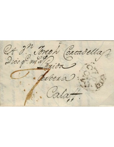 FA0840D, PREFILATELIA. 1784, 20 de junio. Sobrescrito circulado de Huesca a Calaf. Rareza RR