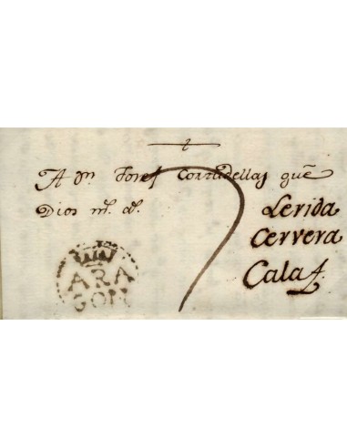 FA0840F, PREFILATELIA. 1798, 16 de marzo. Sobrescrito circulado de Monzón a Calaf. Rareza RR
