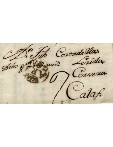 FA0840G, PREFILATELIA. 1789, 15 de septiembre. Sobrescrito circulado de Teruel a Calaf. Rareza RRR