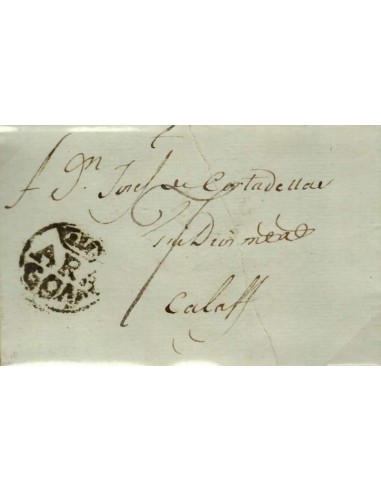 FA0840H, PREFILATELIA. 1783, 5 de agosto. Sobrescrito circulado de Zaragoza a Calaf. Rareza RR