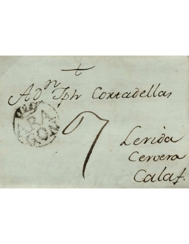 FA0840I, PREFILATELIA. 1789, 19 de junio. Sobrescrito circulado de Zaragoza a Calaf. Rareza R