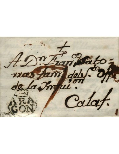 FA0840J, PREFILATELIA. 1786, 25 de abril. Sobrescrito circulado de Zaragoza a Calaf. Rareza RR