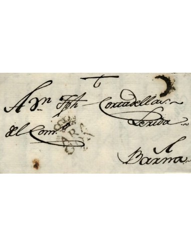 FA0840N, PREFILATELIA. 1798, 5 de mayo. Sobrescrito circulado de Zaragoza a Barcelona. Rareza RR