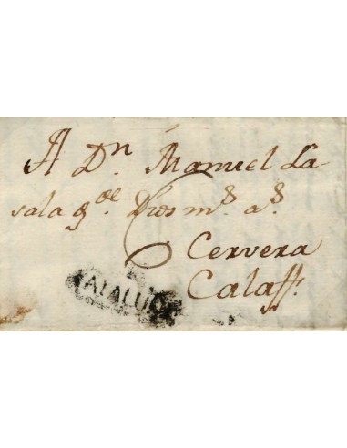 FA0841G, PREFILATELIA. 1788, 7 de diciembre. Sobrescrito circulado de Lérida a Calaf. Rareza RR
