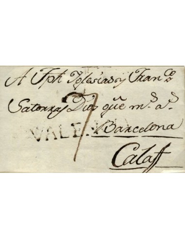 FA0852C, PREFILATELIA. 1789, 23 de diciembre. Sobrescrito circulado de Liria a Calaf. RRR