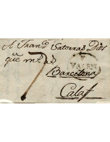 FA0852E, PREFILATELIA. 1789, 5 de mayo. Sobrescrito circulado de Valencia a Calaf. RR