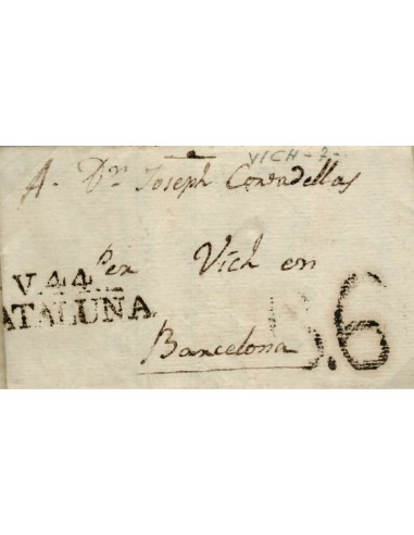 FA0776H, PREFILATELIA. 1807, 24 de mayo. Sobrescrito circulado de Vich a Barcelona
