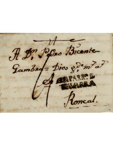 FA0777B, PREFILATELIA. 1800, 10 de abril. Sobrescrito circulado de Caparroso a Roncal. RR