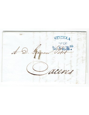 FA1822B, PREFILATELIA. 1838, 24 de febrero. Sobrescrito circulado de Sevilla a Cáceres