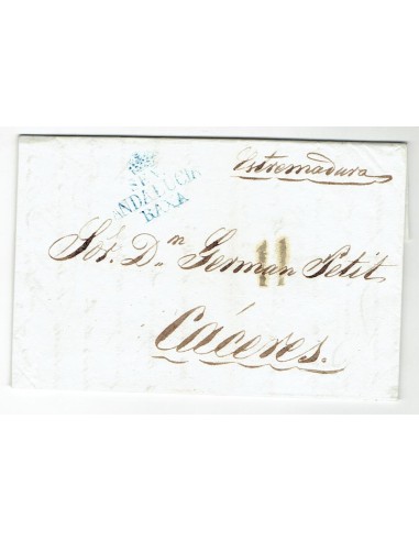 FA1822C, PREFILATELIA. 1840, 11 de marzo. Sobrescrito circulado de Sevilla a Cáceres