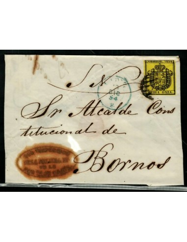 FA1464B, HISTORIA POSTAL. 1854, 13 de diciembre. Pliego oficial de Cádiz a Bornos