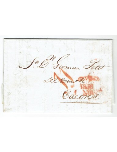 FA1823B, PREFILATELIA. 1838, 1 de noviembre. Sobrescrito circulado de Sevilla a Cáceres