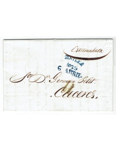 FA1823C, PREFILATELIA. 1839, 6 de abril. Sobrescrito circulado de Sevilla a Cáceres