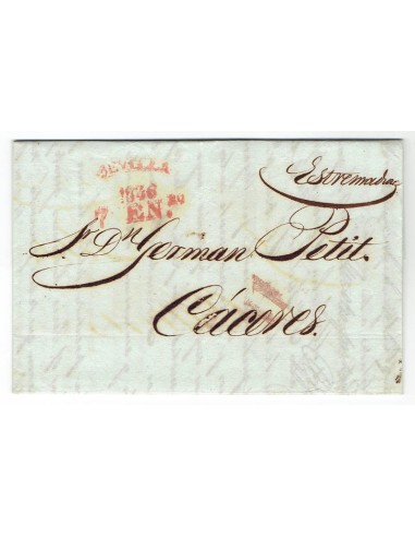 FA1823E, PREFILATELIA. 1836, 7 de enero. Sobrescrito circulado de Sevilla a Mérida