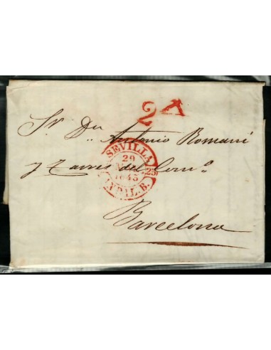 FA1668D, PREFILATELIA. 1843, 29 de marzo. Sobrescrito circulado de Sevilla a Barcelona
