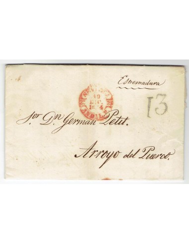 FA1826A, PREFILATELIA. 1844, 10 de diciembre. Sobrescrito circulado de Sevilla a Arroyo del Puerco