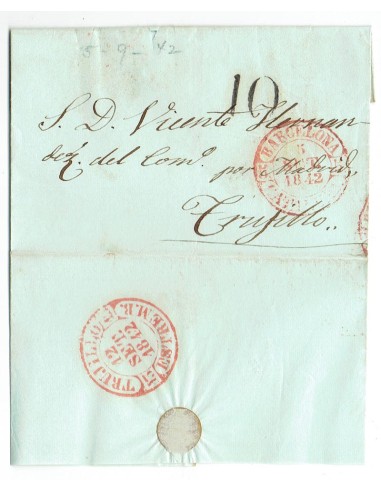 FA1819D, PREFILATELIA. 1842, 5 de septiembre. Envuelta de sobrescrito circulada de Barcelona a Trujillo