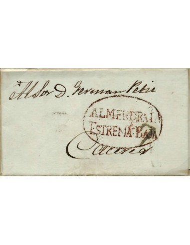 FA0787H, PREFILATELIA. 1840, 7 de agosto. Sobrescrito circulado de Almendralejo a Cáceres, LUJO