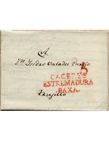 FA0788I, PREFILATELIA. 1828, 25 de marzo. Sobrescrito circulado de Cáceres a Trujillo