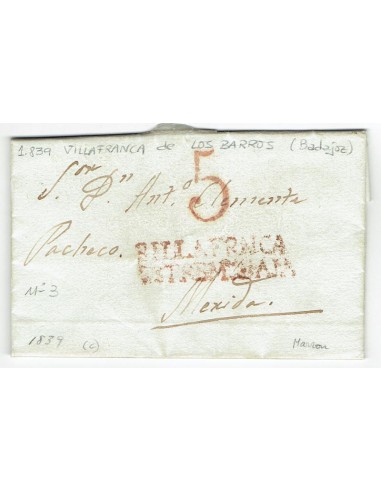 FA1802A, PREFILATELIA. 1839, 20 de enero. Sobrescrito circulado de Villafranca de los Barros a Mérida