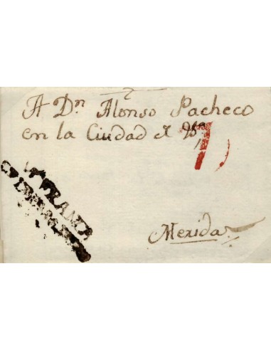 FA0791G, PREFILATELIA. 1816, 23 de agosto. Sobrescrito circulado de Villafranca de los Barros a Mérida