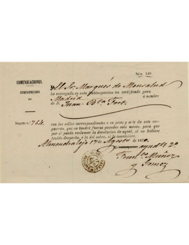 FA1120A, DOCUMENTOS. 1870, 17 de agosto. Documento acreditativo de correo certificado