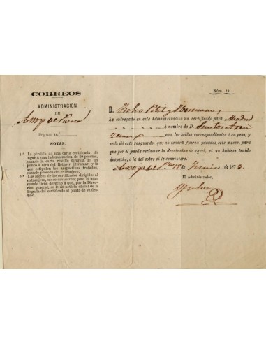 FA1121A, DOCUMENTOS. 1873, 12 de junio. Documento acreditativo de correo certificado