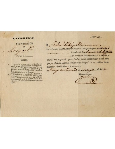 FA1121, DOCUMENTOS. 1873, 20 de mayo. Documento acreditativo de correo certificado