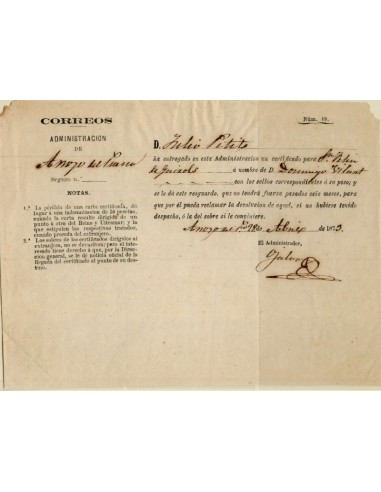 FA1122A, DOCUMENTOS. 1873, 28 de abril. Documento acreditativo de correo certificado
