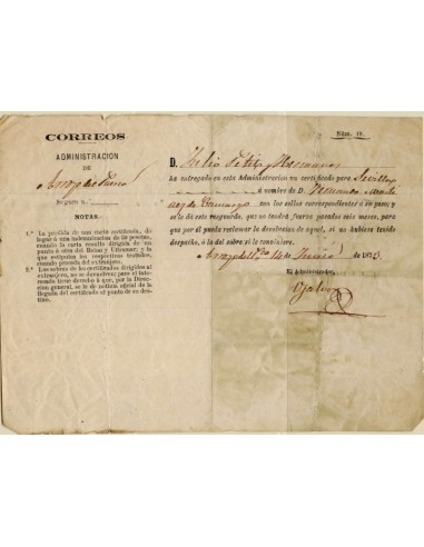 FA1122, DOCUMENTOS. 1873, 14 de junio. Documento acreditativo de correo certificado