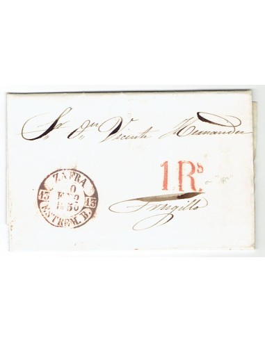 FA1898B, PREFILATELIA. 1850, 10 de enero. Sobrescrito circulado de Zafra a Trujillo