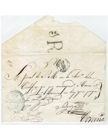 FA1898, PREFILATELIA. 1857, 25 de julio. Plica judicial circulada de Negreira a Coruña