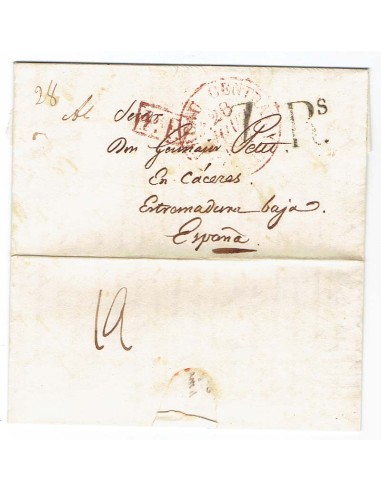 FA1900B, PREFILATELIA. 1837, 28 de abril. Sobrescrito circulado de Paris a Cáceres