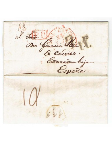 FA1900C, PREFILATELIA. 1837, 24 de abril. Sobrescrito circulado de Paris a Cáceres