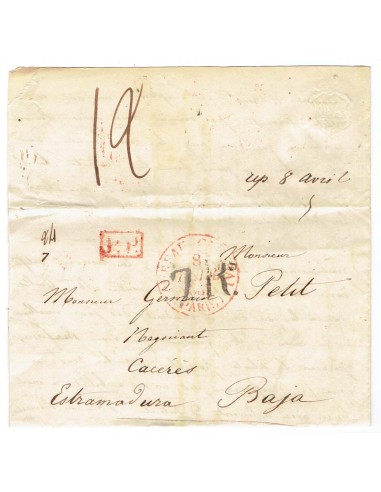 FA1900, PREFILATELIA. 1837, 8 de febrero. Sobrescrito circulado de Paris a Cáceres