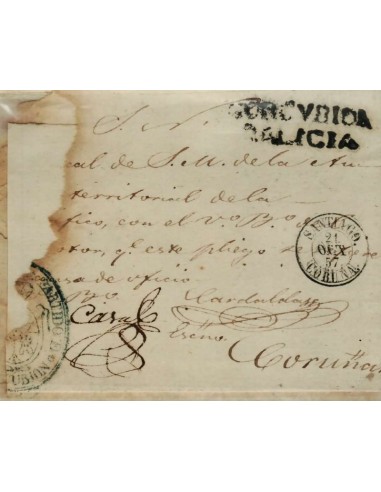 FA0797L, PREFILATELIA. 1857, 21 de octubre. Plica judicial circulada de Corcubión a Coruña