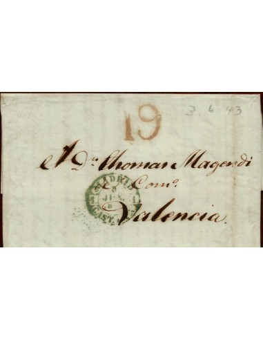 FA1673C. PREFILATELIA. 1843, 3 de junio. Sobrescrito circulado de Madrid a Valencia