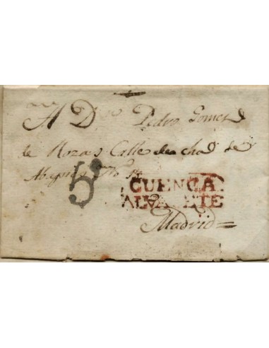 FA0803. PREFILATELIA. 1822, 27 de agosto. Sobrescrito circulado de Albacete a Madrid