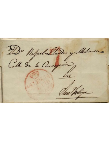 FA0805H. PREFILATELIA. 1839, 14 de abril. Sobrescrito circulado de Valencia a San Felipe