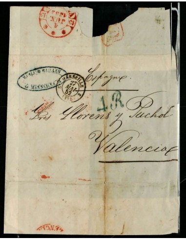 FA1492B. HISTORIA POSTAL. 1852, 27 de mayo. Sobrescrito circulado de Marsella a Valéncia