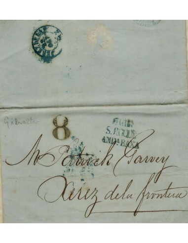 FA0813P. PREFILATELIA. 1855, 19 de octubre. Sobrescrito circulado de Gibraltar a Jerez de la Frontera