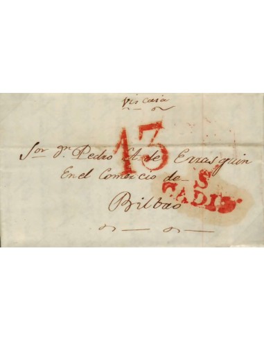 FA0815N. PREFILATELIA. 1842, 9 de abril. Sobrescrito circulado de Sánlucar de Barrameda a Bilbao