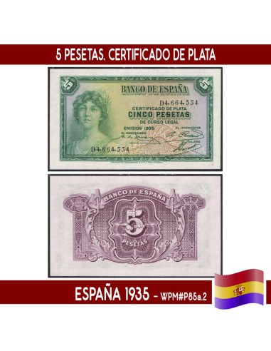 España 1935, 5 pts. Certificado de Plata (UNC)