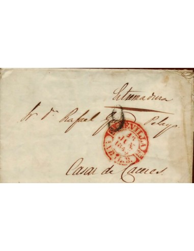 FA1687B. PREFILATELIA. 1845, 18 de junio. Sobrescrito circulado de Sevilla a Casar de Cáceres
