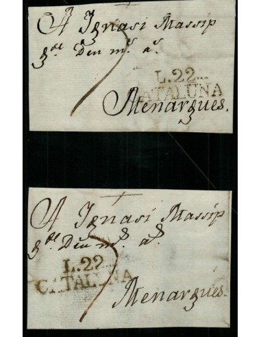 FA0820C. PREFILATELIA. (1802-10). Conjunto de 2 frontales de sobrescrito circulado de Lérida a Menargues