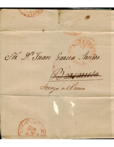 FA1778. PREFILATELIA. 1850, mes de enero. Sobrescrito circulado de Badajoz a Barcarrota y reexpedido a Arroyo del Puerco