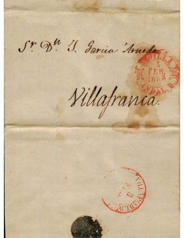 FA1778C. PREFILATELIA. 1853, 3 de febrero. Sobrescrito circulado de Sevilla a Villafranca de los Barros