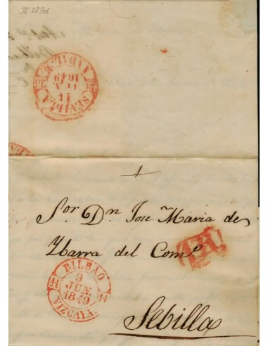 FA1789A. PREFILATELIA. 1849, 9 de junio. Sobrescrito circulado de Bilbao a Sevilla