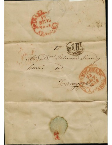 FA1789D. PREFILATELIA. 1851, 12 de septiembre. Sobrescrito circulado de Pamplona a Zaragoza