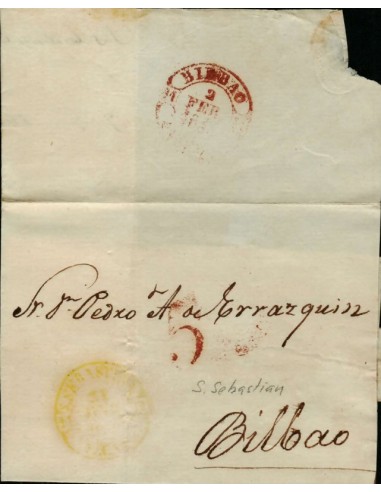 FA1795B. PREFILATELIA. 1845, 2 de febrero. Sobrescrito circulado de San Sebastián a Bilbao